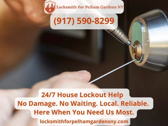24-7 house lockout locksmith using tools to open front door lock in Pelham Gardens Bronx NY
