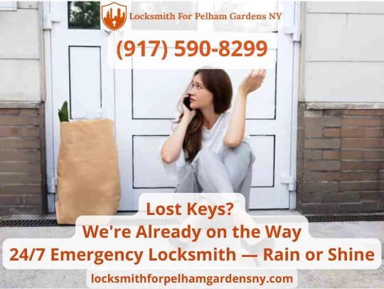 Woman locked out of home in Pelham Gardens Bronx calling 24-hour emergency locksmith for fast help