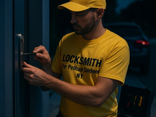 Emergency locksmith arriving at night in Pelham Gardens Bronx NY