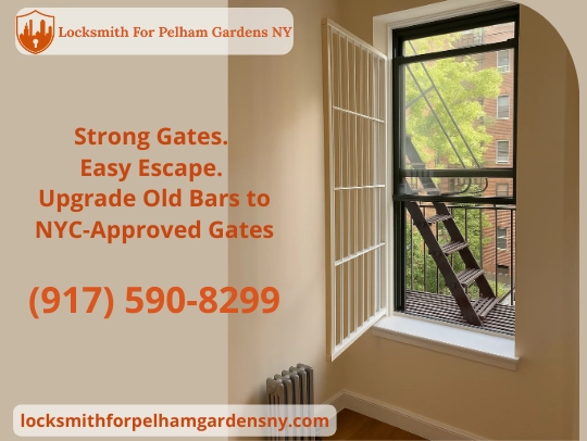 White swing-open fire escape window gate installed in apartment in Pelham Gardens Bronx – secure and legal window protection