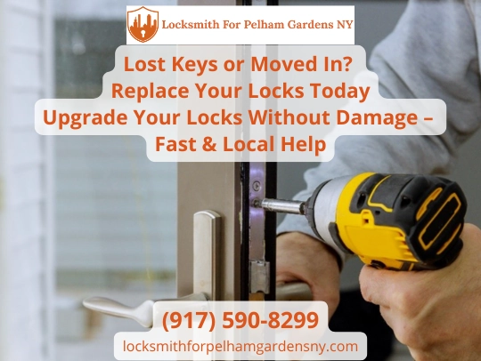 Locksmith replacing residential door lock in Pelham Gardens NY – fast, damage-free lock upgrade for new homeowners or after lost keys.