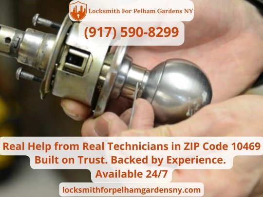 Professional locksmith repairing doorknob lock in Pelham Gardens, Bronx ZIP 10469